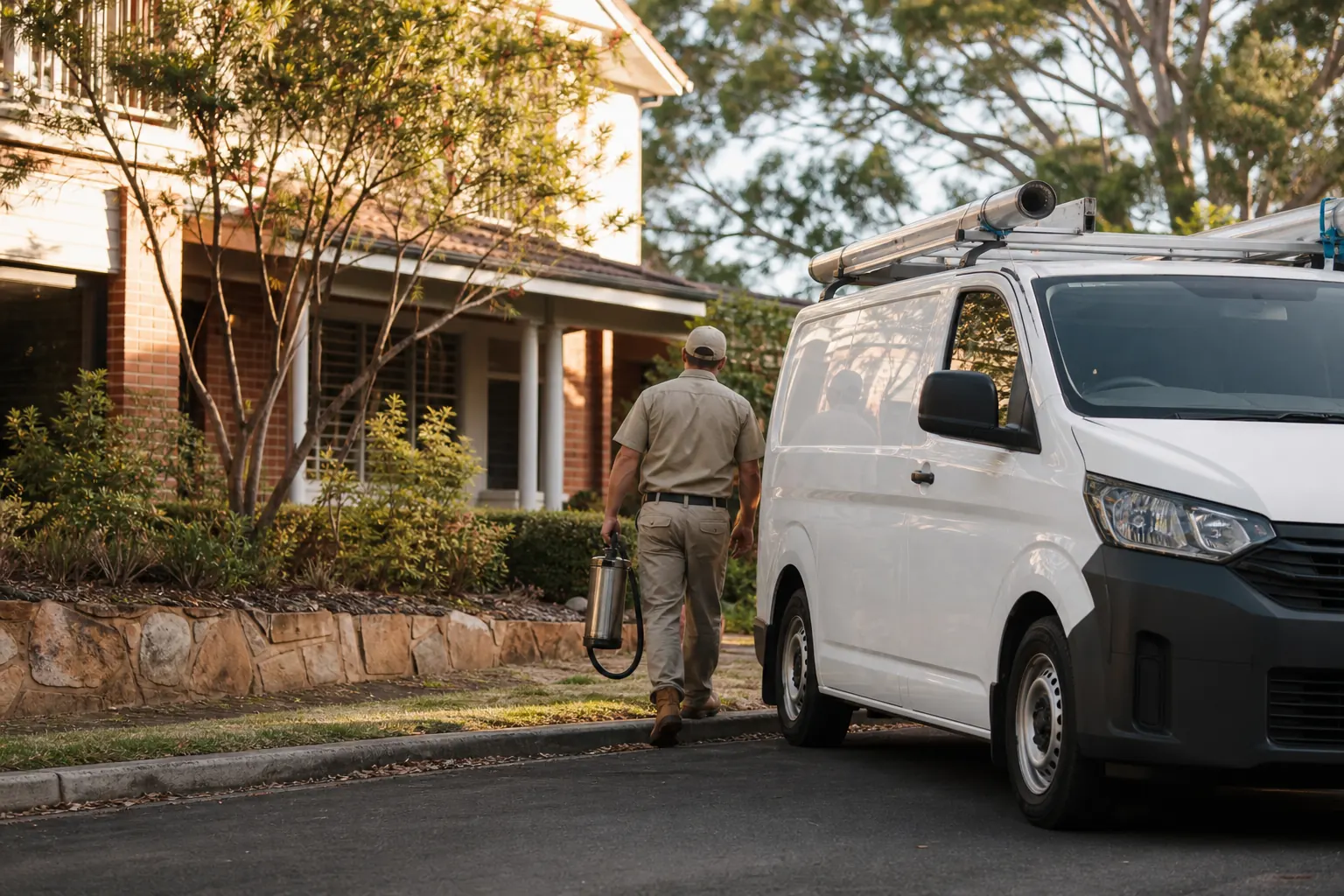 Professional pest control technician attending a suburban Sydney home
