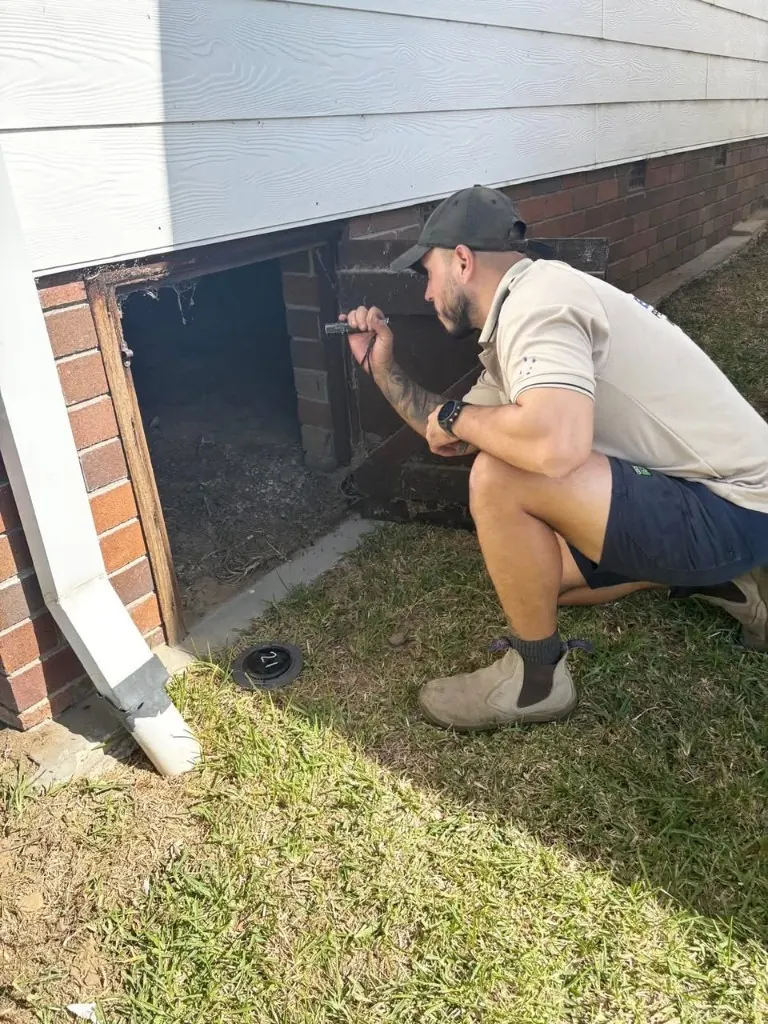 Jimmy inspecting a subfloor access point during a pest inspection